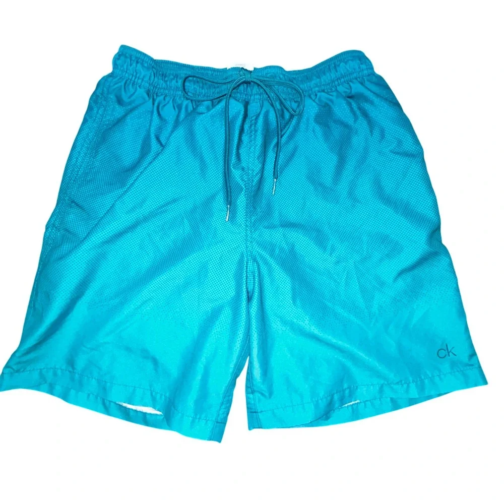 Calvin Klein Mens Swim Trunks Size M Turquoise Blue Micro Dot Mesh Lined Shorts